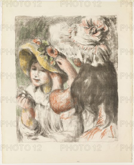 Pinning the Hat, 1898, Pierre Auguste Renoir (French, 1841-1919), printed by Auguste Clot (French, 1858-1936), France, Lithograph from five stones in black, orange, salmon, yellow and green on ivory laid paper, 769 × 625 mm
