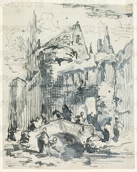 Town Bridge and Portal, 1820/39, Possibly William Leighton Leitch, Scottish, 1804-1883, Scotland, Pen and gray ink over graphite on gray laid paper, 134 x 106 mm