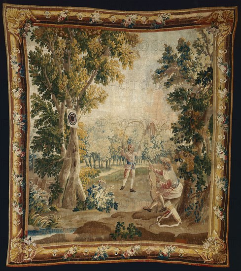 Archery from Amusements Champêtres (Country Sports), 1770/90, After a design in the manner of François Boucher (French, 1703–1770), attributed to Jacques-Nicolas Julliard (1719–1790), Woven at an unknown workshop at the Manufacture Royale d’Aubusson, France, Aubusson, Aubusson, Wool and silk, slit and double interlocking tapestry weave, 247.65 × 276.86 cm (97 1/2 × 109 in.)
