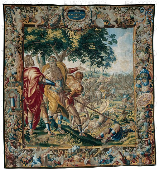Cyrus Defeats Spargapises, from The Story of Cyrus, c. 1670, Adapted from designs by Michiel Coxie (1499–1592), Woven at the workshop of Albert Auwercx (1629–1709), Flanders, Brussels, Flanders, Wool and silk, slit and double interlocking tapestry weave, 384.8 × 412.1 cm (151 1/2 × 162 1/4 in.)