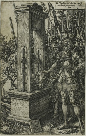 Titus Manlius Beheading his Son, 1553, Heinrich Aldegrever, German, 1502-c. 1560, Germany, Engraving in black on ivory laid paper, 113 x 72 mm (image/plate/sheet)