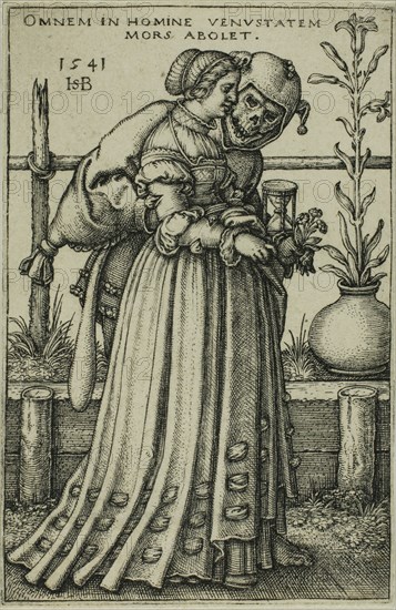 The Lady and Death, 1541, Sebald Beham, German, 1500-1550, Germany, Engraving in black on ivory laid paper, 76 x 49.5 mm (image/plate), 78 x 51 mm (sheet)