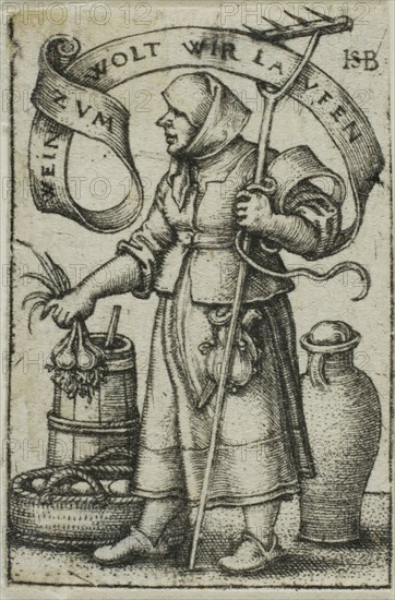 The Market-Woman, c. 1542, Sebald Beham, German, 1500-1550, Germany, Engraving in black on ivory laid paper, 39 x 26 mm (image/sheet, trimmed to plate mark)