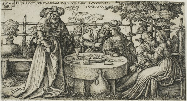 The Prodigal Son Wasting his Fortune, plate two from The History of the Prodigal Son, 1540, Sebald Beham, German, 1500-1550, Germany, Engraving in black on ivory laid paper, 50 x 92 mm (image/sheet, trimmed to plate mark)