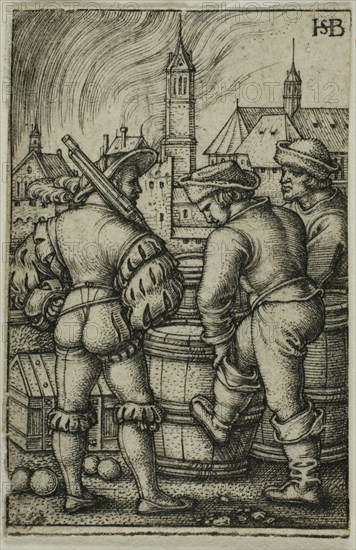 The Guard Near the Powder Casks, n.d., Sebald Beham, German, 1500-1550, Germany, Engraving in black on ivory laid paper, 44 x 29 mm (image/plate), 44 x 29 mm (sheet)