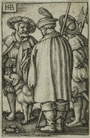 Three Soldiers and a Dog, n.d., Sebald Beham, German, 1500-1550, Germany, Engraving in black on ivory laid paper, 45 x 30 mm (image/sheet trimmed to plate mark)