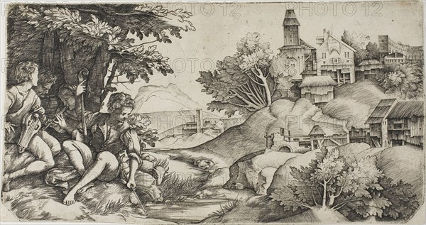 Shepherds in a Landscape, c. 1517, Giulio Campagnola (Italian, c. 1482-1515/18), and Domenico Campagnola (Italian, c. 1500-1564), Italy, Engraving in black on ivory laid paper, 135 x 258 mm
