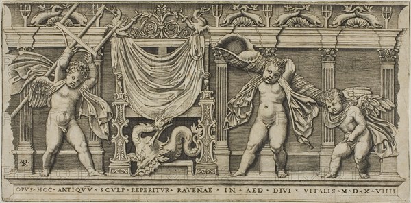 Throne of Neptune, 1519, Marco Dente da Ravenna, Italian, about 1486–1527, Italy, Engraving in black on cream laid paper, 175 x 355 mm
