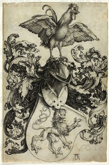 Coat of Arms with Lion and Rooster, 1503, printed after 1550, Albrecht Dürer, German, 1471-1528, Germany, Engraving in black on ivory laid paper, 182 x 119 mm (image), 182 x 120 mm (sheet)