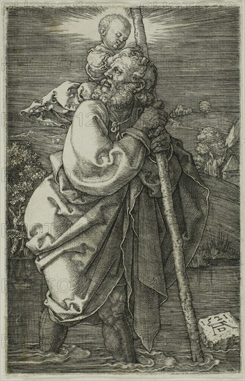 St. Christopher Facing to the Left, 1521, Albrecht Dürer, German, 1471-1528, Germany, Engraving in black on ivory laid paper, 118 x 75 mm (image/plate), 120 x 76 mm (sheet)