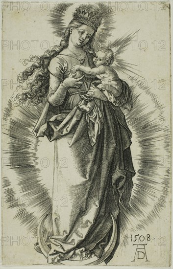 The Virgin on the Crescent with a Crown of Stars, 1508, Albrecht Dürer, German, 1471-1528, Germany, Engraving in black on cream laid paper, 117 x 75 mm (image/sheet)