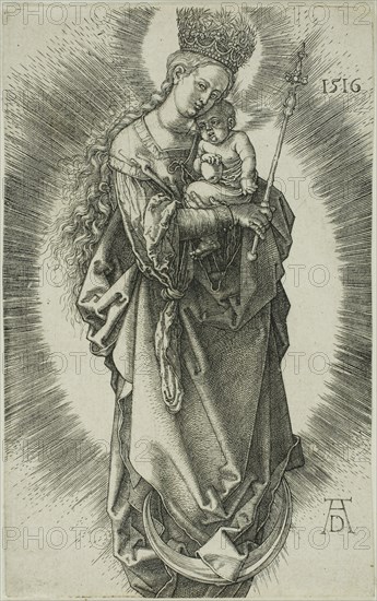 The Virgin on a Crescent with a Crown of Stars and a Scepter, 1516, Albrecht Dürer, German, 1471-1528, Germany, Engraving in black on ivory laid paper, 117 x 73 mm (image/sheet)
