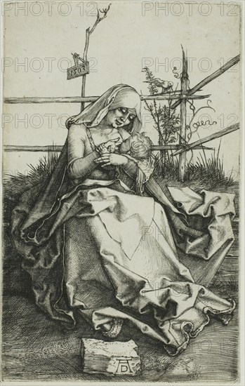 Madonna on a Grassy Bank, 1503, Albrecht Dürer, German, 1471-1528, Germany, Engraving in black on ivory laid paper, 114 x 72 mm (image/plate/sheet)