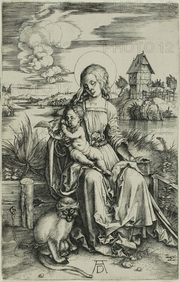 Madonna with the Monkey, c. 1498, Albrecht Dürer, German, 1471-1528, Germany, Engraving in black on ivory laid paper, 190 x 122 mm