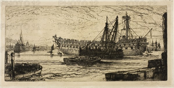 Breaking Up of the Agamemnon, No. I, 1870, Francis Seymour Haden, English, 1818-1910, England, Etching and drypoint on ivory laid paper, 194 × 412 mm (plate), 222 × 439 mm (sheet)