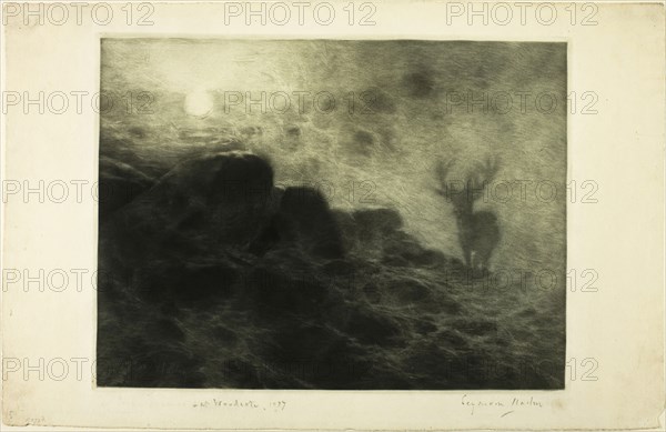An Early Riser, 1897, Francis Seymour Haden, English, 1818-1910, England, Mezzotint with etching, in blue-green ink, on ivory laid paper, 226 × 300 mm (image/plate), 268 × 415 mm (sheet)