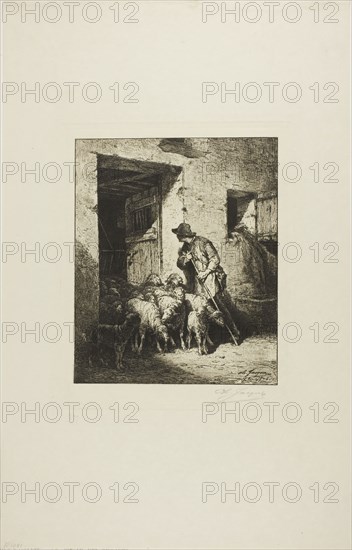 Letting the Sheep Out, 1876, Charles Émile Jacque, French, 1813-1894, France, Etching and aquatint on ivory wove paper, 196 × 163 mm (image), 229 × 181 mm (plate), 441 × 278 mm (sheet)