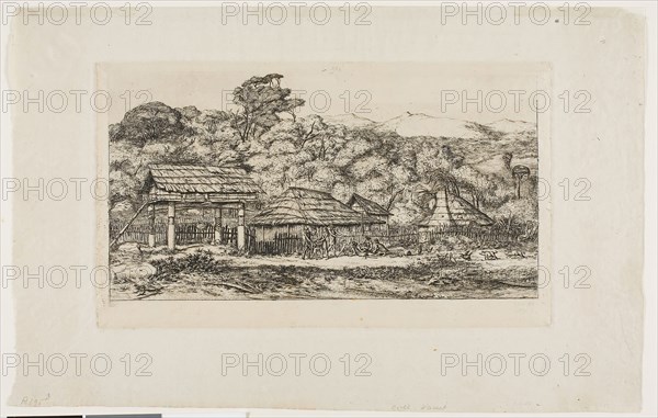 Native Barns and Huts at Akaroa, Banks’ Peninsula, 1845, 1865, Charles Meryon, French, 1821-1868, France, Etching on ivory laid chine, 141 × 243 mm (image), 141 × 243 mm (plate), 215 × 336 mm (sheet)