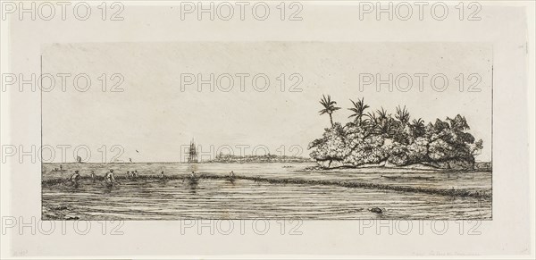 Oceania: Fishing, Near Islands with Palms in the Uea or Wallis Group, 1845, 1863, Charles Meryon, French, 1821-1868, France, Etching and drypoint on grayish-ivory laid paper, 117 × 299 mm (image), 165 × 341 mm (sheet)