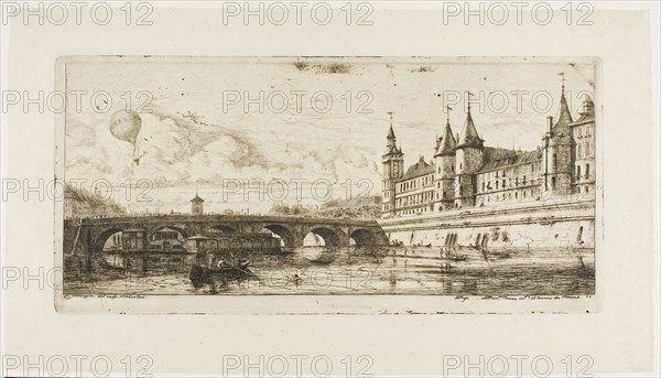 Pont-au-Change, Paris, 1854, Charles Meryon, French, 1821-1868, France, Etching on ivory laid chine, 158 × 337 mm (image), 158 × 337 mm (plate), 223 × 396 mm (sheet)