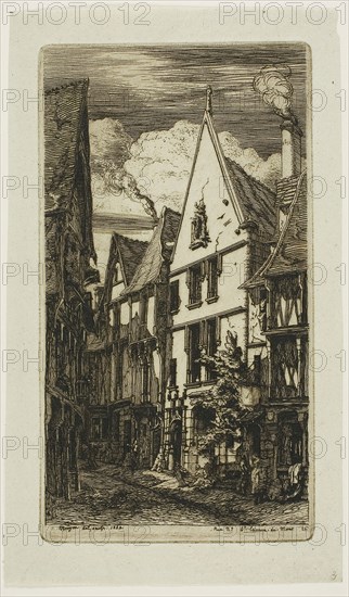 Rue des Toiles, Bourges, 1853, Charles Meryon, French, 1821-1868, France, Etching and drypoint on verdâtre (greenish) laid paper, 214 × 118 mm (image), 214 × 118 mm (plate), 247 × 146 mm (sheet)