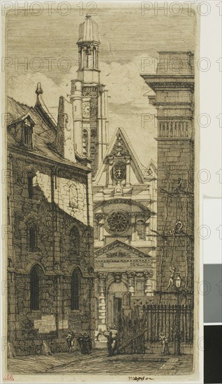 Church of St. Etienne du Mont, Paris, 1852, Charles Meryon, French, 1821-1868, France, Etching on tan wove chine, hinged to ivory wove card, 250 × 130 mm (image), 250 × 130 mm (plate), 259 × 136 mm (sheet)