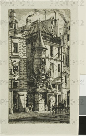 House with a Turret, rue de la Tixéranderie, 1852, Charles Meryon, French, 1821-1868, France, Etching on verdâtre (greenish) laid chine, 244 × 133 mm (image), 244 × 133 mm (plate), 282 × 164 mm (sheet)