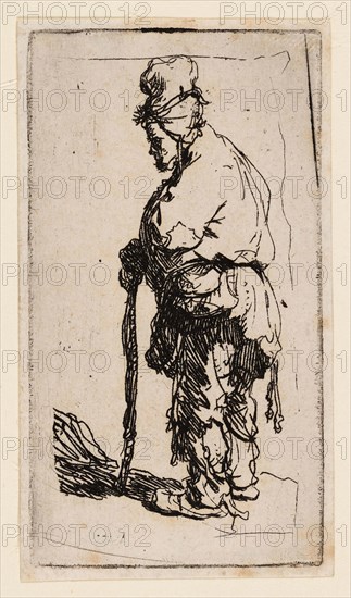 Beggar Leaning on a Stick, Facing Left, c. 1630, Rembrandt van Rijn, Dutch, 1606-1669, Holland, Etching on ivory laid paper, 85 x 47 mm (plate), 88 x 50 mm (sheet)