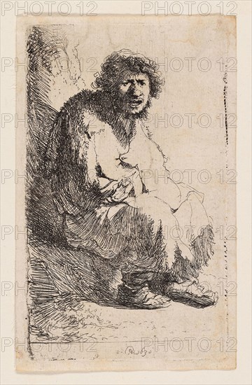 Beggar Seated on a Bank, 1630, Rembrandt van Rijn, Dutch, 1606-1669, Holland, Etching on ivory laid paper, 116 x 69 mm (plate), 119 x 71 mm (sheet)