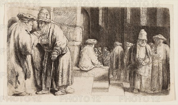 Jews in the Synagogue, 1648, Rembrandt van Rijn, Dutch, 1606-1669, Holland, Etching and drypoint on ivory laid paper, 70 x 130 mm (image/plate), 78 x 135mm (sheet)