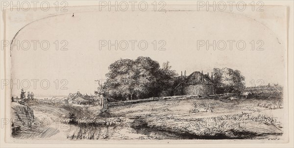 Cottages and a Hay Barn on the Diemerdijk with a Flock of Sheep, 1650, Rembrandt van Rijn, Dutch, 1606-1669, Holland, Etching and drypoint on ivory paper, 83 x 174 mm (plate), 89 x 181 mm (sheet)