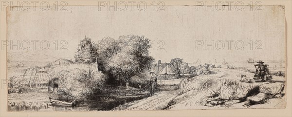 View of the Diemerdijk with a Milkman and Cottages, c. 1650, Rembrandt van Rijn, Dutch, 1606-1669, Holland, Etching with drypoint in black on cream laid paper, 65 x 174 mm (image/sheet, trimmed within plate)