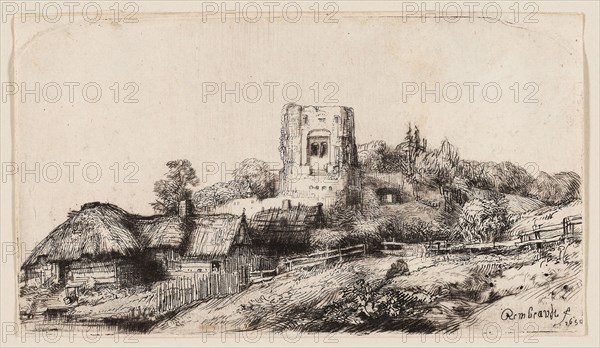 Landscape with a Square Tower, 1650, Rembrandt van Rijn, Dutch, 1606-1669, Holland, Etching and drypoint in black on off-white laid paper, 88 x 156 mm (plate), 90 x 157 mm (sheet)