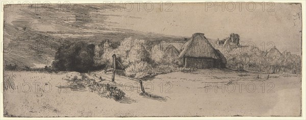 Landscape with a Farm Building and the House with the Tower, c. 1650, Rembrandt van Rijn, Dutch, 1606-1669, Holland, Etching and drypoint on thin Japanese paper lined to thin, cream laid paper, 124 x 320 mm (sheet trimmed to plate mark)