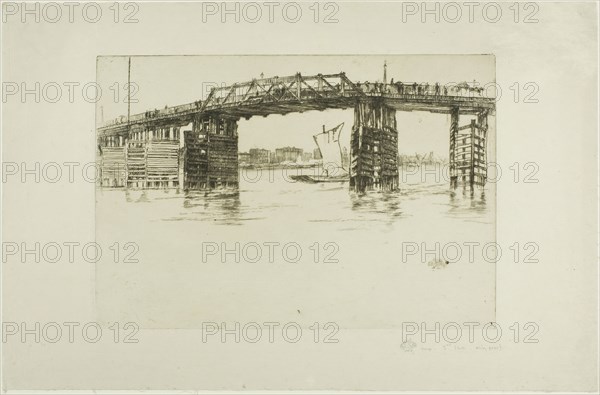 Old Battersea Bridge, 1879, James McNeill Whistler, American, 1834-1903, United States, Etching and drypoint with foul biting in black ink on cream Japanese paper, 204 x 297 mm (plate), 289 x 443 mm (sheet)