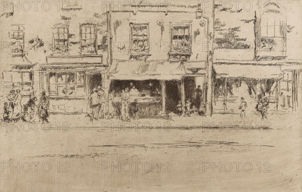 Fish Shop, Chelsea, 1886, James McNeill Whistler, American, 1834-1903, United States, Etching and drypoint with foul biting and plate tone in dark brown on ivory laid paper, 140 x 217 mm (image, trimmed within plate mark), 143 x 217 mm (sheet, with signature tab)