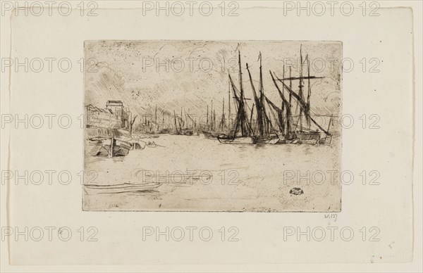 Pickle Herring Wharf, 1876/77, James McNeill Whistler, American, 1834-1903, United States, Etching and drypoint with foul biting in black ink on off-white laid paper, 151 x 227 mm (plate), 226 x 352 mm (sheet)