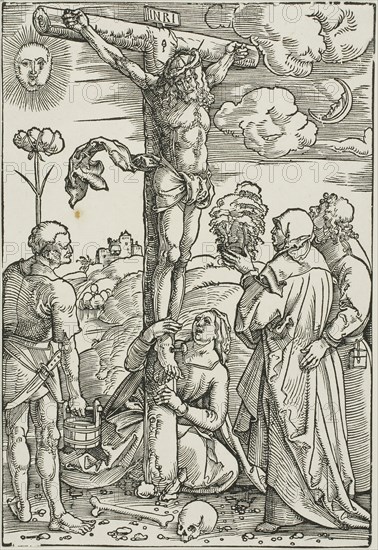 Christ on the Cross with Mary, John, the Magdalen, and Stephen, 1505/07, Hans Baldung Grien, German, c. 1480-1545, Germany, Woodcut in black on ivory laid paper, 238 x 161 mm (block/sheet)