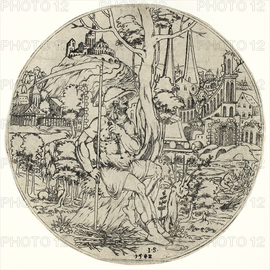 Circular Design with Saturn, 1583, Jonas Silber (Master J.S.), German, active 1572-1590, Germany, Punched engraving on buff laid paper, 120 x 120 mm
