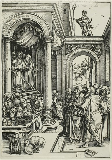 The Presentation of the Virgin in the Temple, from The Life of the Virgin, c. 1503–04, published 1511, Albrecht Dürer, German, 1471-1528, Germany, Woodcut in black on ivory laid paper, 299 x 211 mm (image), 305 x 216 mm (sheet)