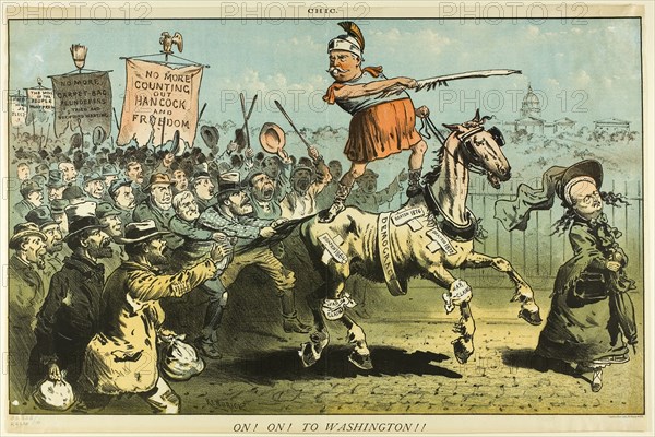 On! On! to Washington, from Chic, n.d., Kendrick, American, 19th century, United States, Color lithograph on newsprint, 297 x 470 mm (image), 320 x 475 mm (sheet), Kelly’s Triumph, from Puck, published September 29, 1880, James A. Wales, American, 1852-1886, United States, Color lithograph on newsprint, 209 x 223 mm