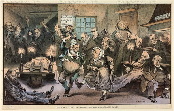The Wake over the Remains of the Democratic Party, from Puck, n.d., Joseph Keppler, American, 1838-1894, United States, Color lithograph on newsprint, 285 x 472 mm (image), 300 x 475 mm (sheet)