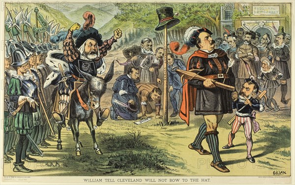 William Tell Cleveland Will Not Bow to the Hat, from Puck, published May 16, 1883, Bernard Gillam (American, 1856-1896), published by Mayer, Merkel & Ottman Lithographer, United States, Color lithograph on newsprint, 285 x 472 mm (image), 300 x 475 mm (sheet)