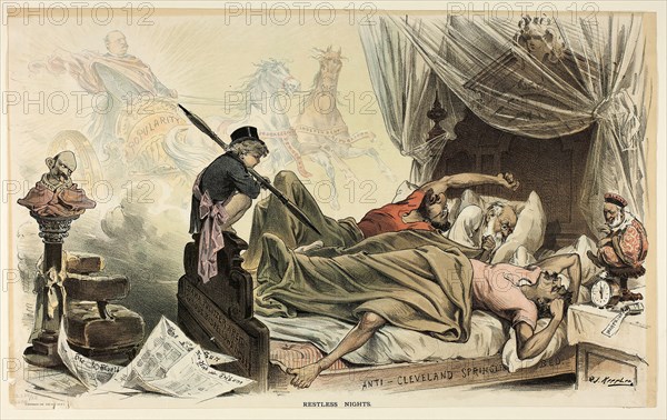 Restless Nights, from Puck, n.d., Joseph Keppler, American, 1838-1894, United States, Color lithograph on newsprint, 300 x 487 mm