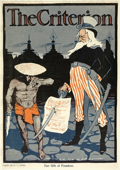 Our Gift of Freedom, from The Criterion, 1899, Roc Wagner, probably American, 19th century, United States, Color lithograph on newsprint, 293 x 205 mm