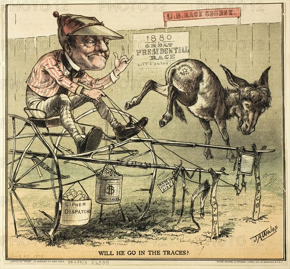 Will He Go in The Traces, from Puck, published August 27, 1879, James A. Wales, American, 1852-1886, United States, Color lithograph on newsprint, 203 x 220 mm
