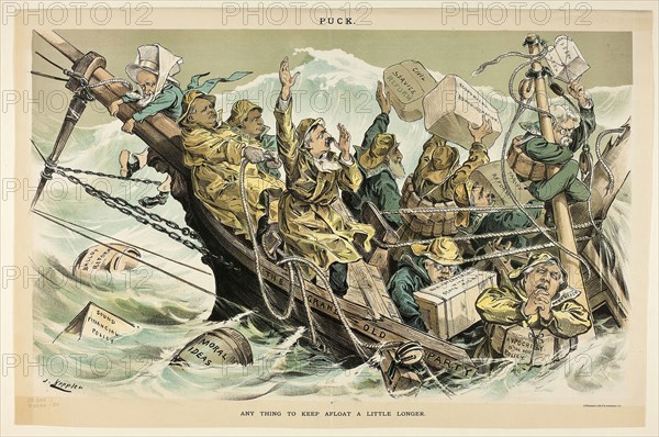 Any Thing to Keep Afloat a Little Longer, from Puck, n.d., Joseph Keppler, American, 1838-1894, United States, Color lithograph on newsprint, 285 x 465 mm (image), 325 x 495 mm (sheet)