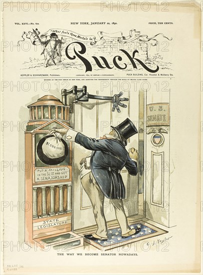 The Way We Become Senators Nowadays, from Puck, 1890, C. Jay Taylor, American, 1855-1929, United States, Color lithograph on newsprint, 355 x 260 mm