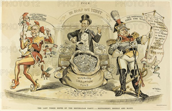 The Last Three Hopes of the Republican Party, from Puck, 1892, Frederick Burr Opper, American, 1857-1937, United States, Color lithograph on newsprint, 308 x 480 mm