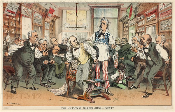 The National Barber Shop, Next, n.d., Joseph Keppler, American, 1838-1894, United States, Color lithograph on newsprint, 290 x 470 mm (image), 302 x 475 mm (sheet)